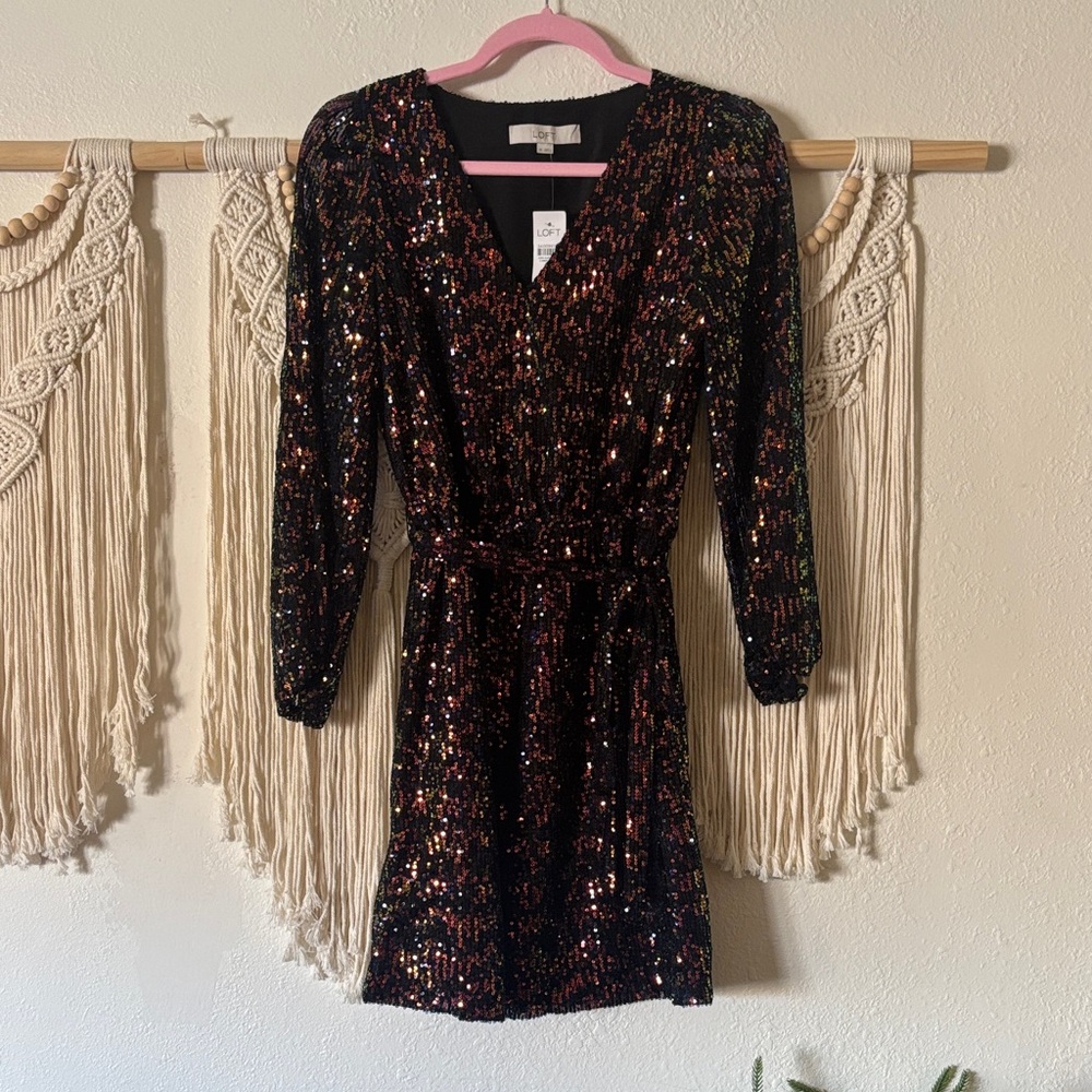 LOFT Black and Gold Sequin Long Sleeve Dress